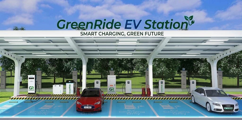 A fleet of electric cars at a charging station